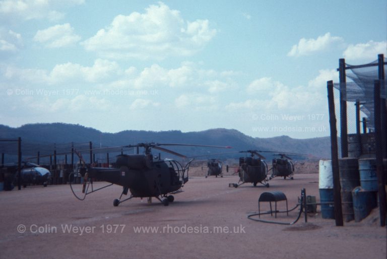 Alouette IIIs in the revetments at FAF8, Grand Reef, near Umtali, 1977