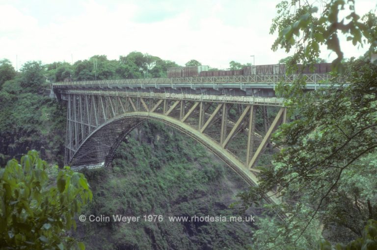 The Victoria Falls bridge across the Zambezi River which Cecil Rhodes had instructed should be built within sight of the Falls so that the trains would be bathed in the spray.