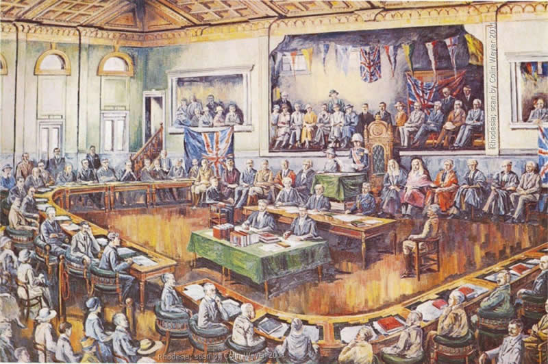 Painting of Rhodesian parliament in session
