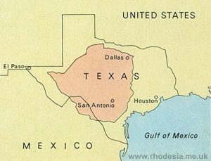 Map comparing the size of Texas and Rhodesia