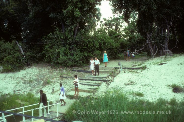 Kandahar Island is a popular tourist destination on the Rhodesian side of the Zambezi River above the Victoria Falls. This photo shows the landing stage in 1976.