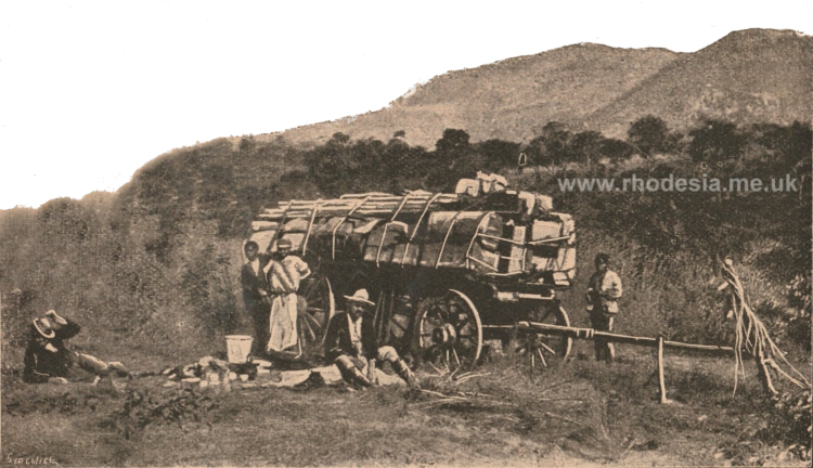 A transport rider outspanned for breakfast on the Umtali-Salisbury road c 1898