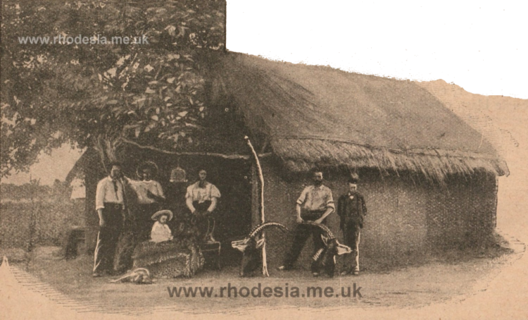 A typical Mashonaland farmhouse. The family group and some hunting trophies. c 1898