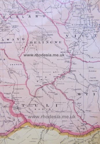 Pioneer Road from 1895 map of Rhodesia at 1 : 1 000 000 scale This map shows both the original pioneer road, surveyed by Selous, and the very slightly more direct telegraph line. The site of Beitbridge is between Middle and Main Drift and I have marked it "B B" across the river.