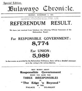 Press cutting of the result of the 1923 referendum showing the vote in favour of Responsible Government for Rhodesia