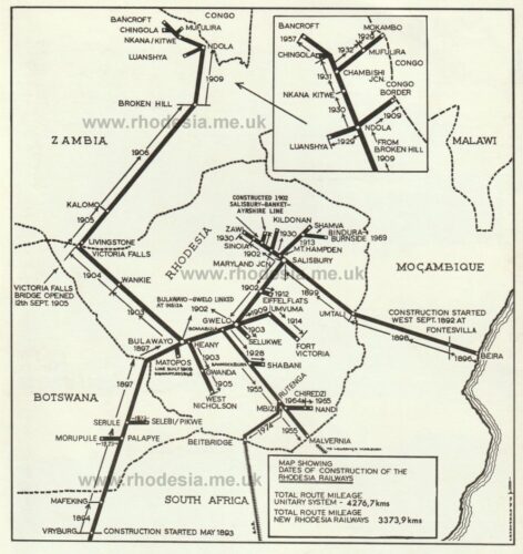 Rhodesia Railways - schematic map showing construction of lines