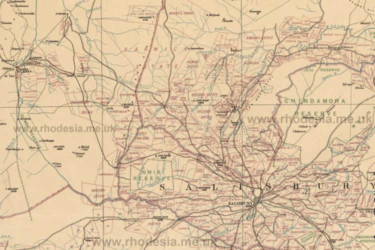 Extract of Salisbury district from 1909 mapping of Rhodesia at 1: 500 000 scale The above series of maps was compiled in the office of the Surveyor General, Southern Rhodesia and this extract shows clearly the farms established by 1909.